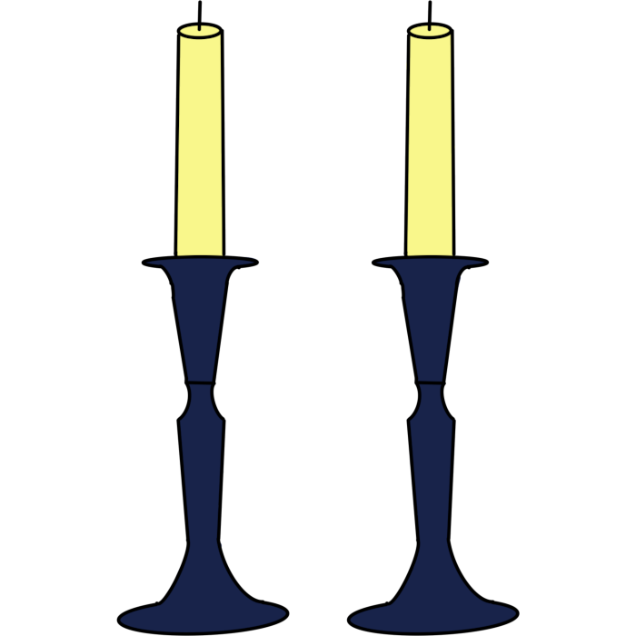 Two off white candles in tall dark blue candle holders